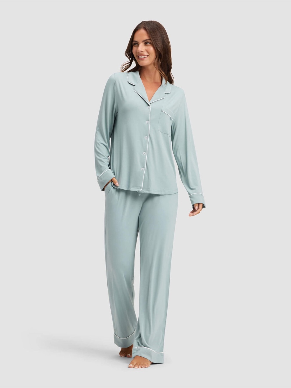 Cozy Earth Bamboo Stretch Knit Pajama Set Sage L/S Top Wide Leg Pants Size XL